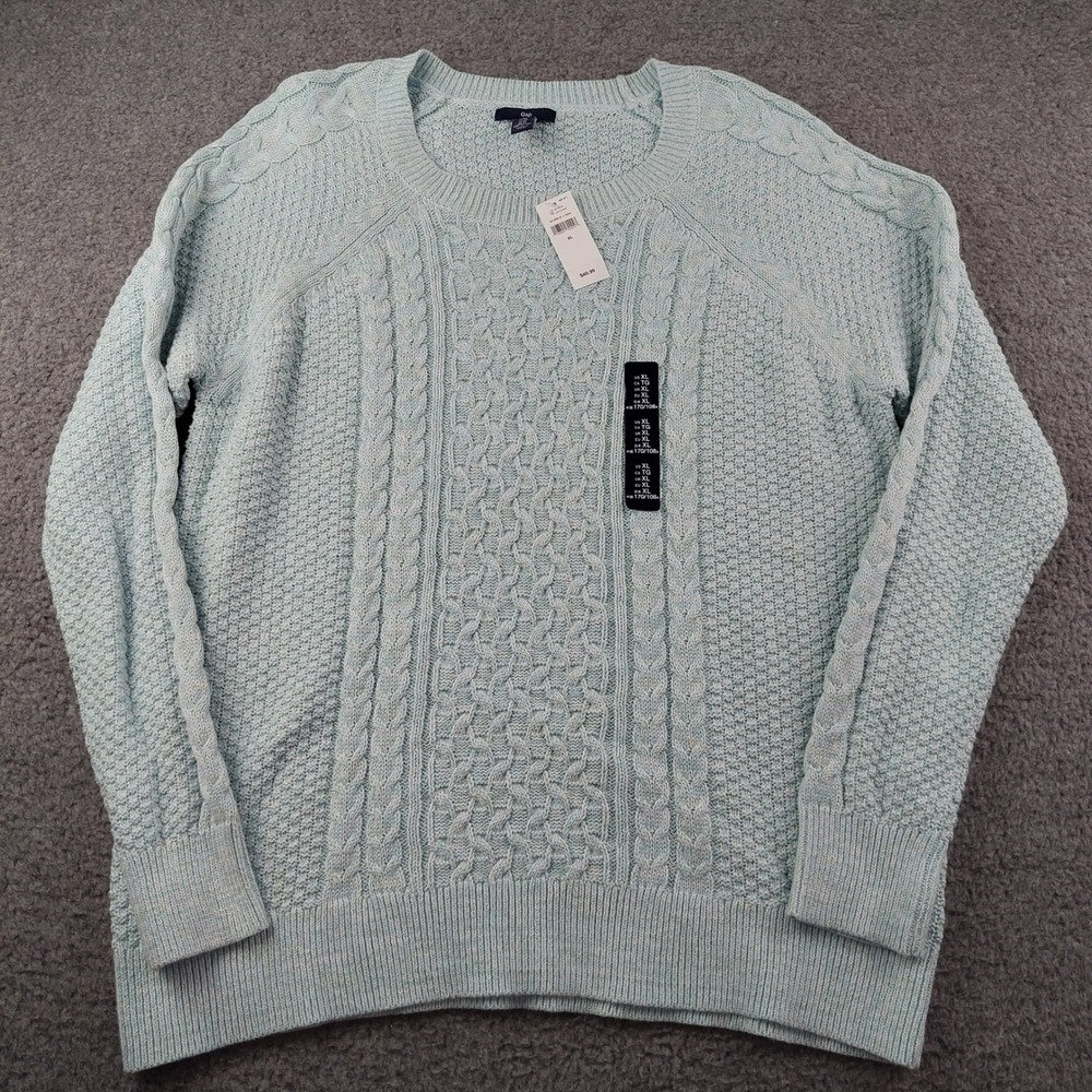 Gap Sweater Sz XL Cable Knit Raglan Teal Seafoam 100% Cotton NWT